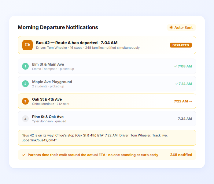 School bus departure notification with real time ETA for student pickup stops and parent alerts