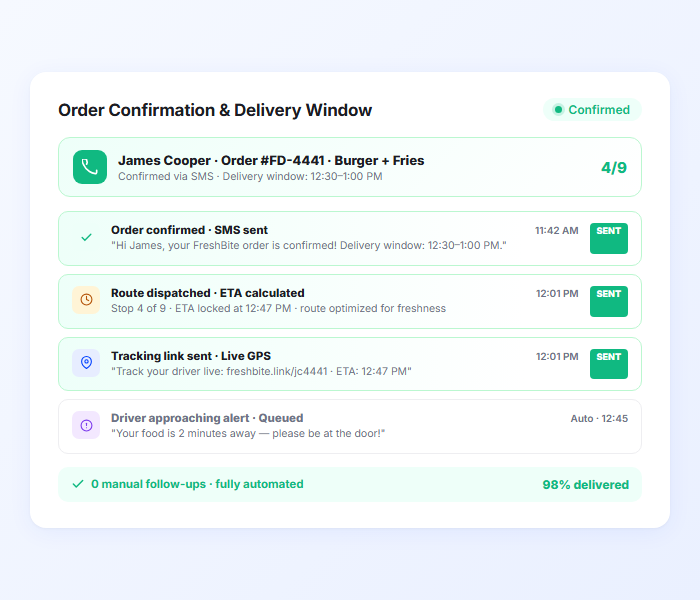 Food delivery order confirmation notification with delivery window and estimated arrival time