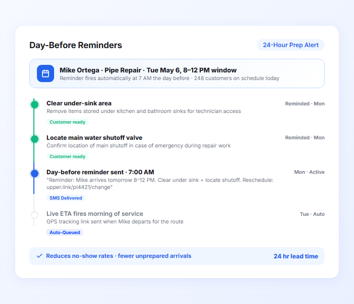 Plumbing service reminder notification sent 24 hours before appointment with preparation details