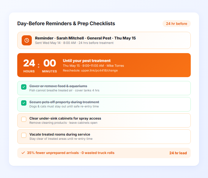 Pest control day before reminder notification with preparation checklist and rescheduling option