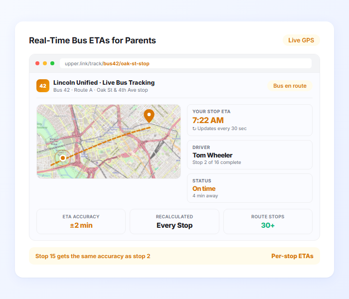 Real time school bus ETA tracking for parents using GPS route data and live updates