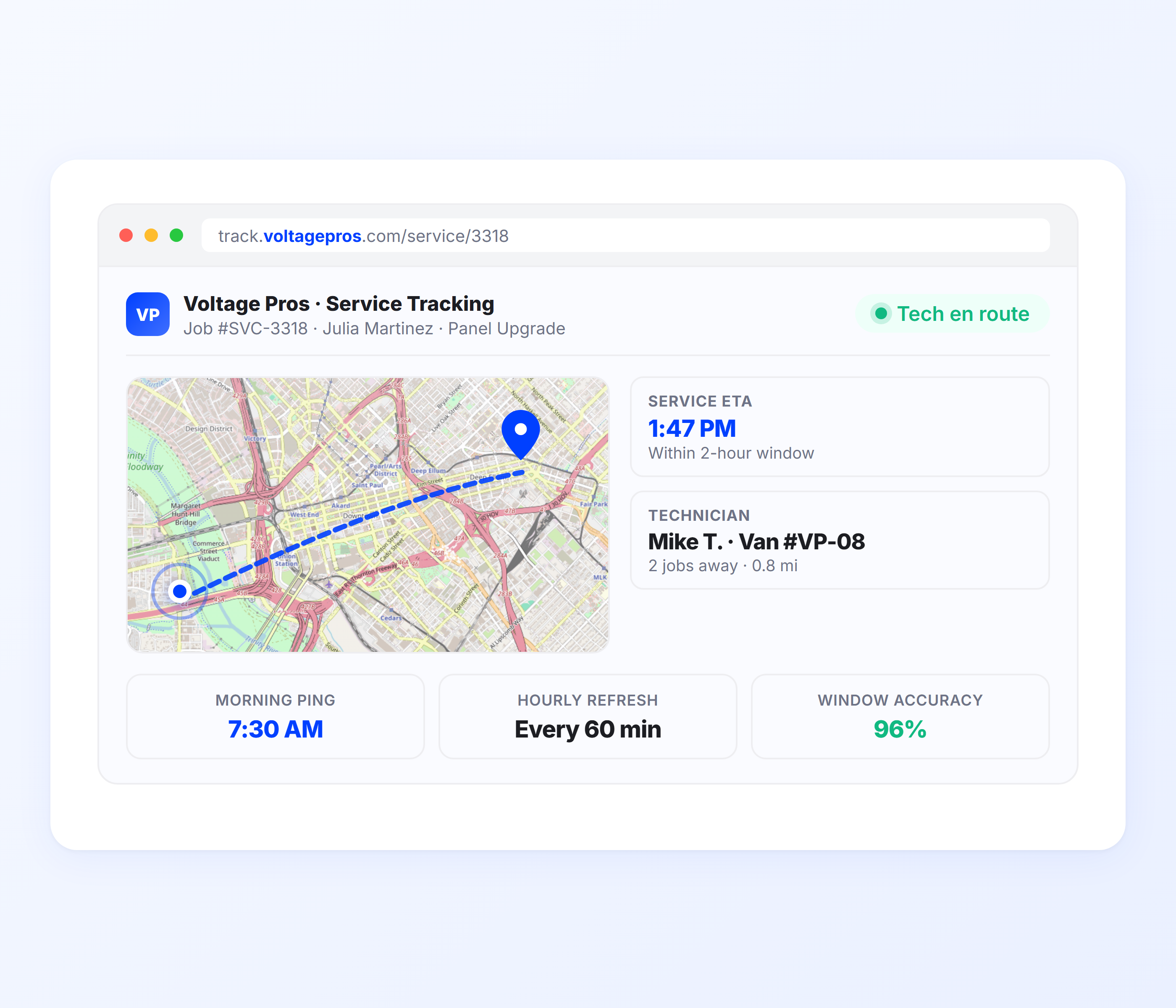 Electrician tracking link showing technician location ETA and mobile map for customers