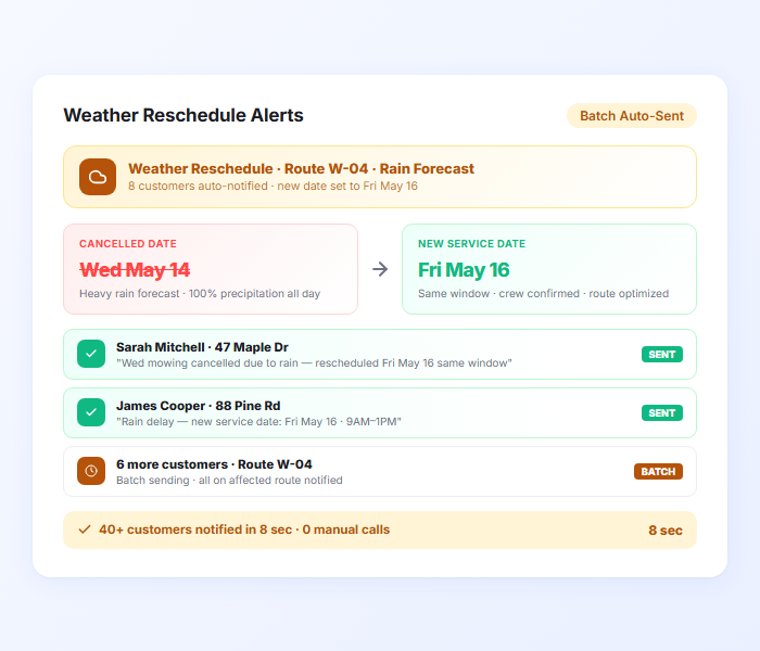 Lawn care weather delay reschedule notification with updated service date and customer alerts