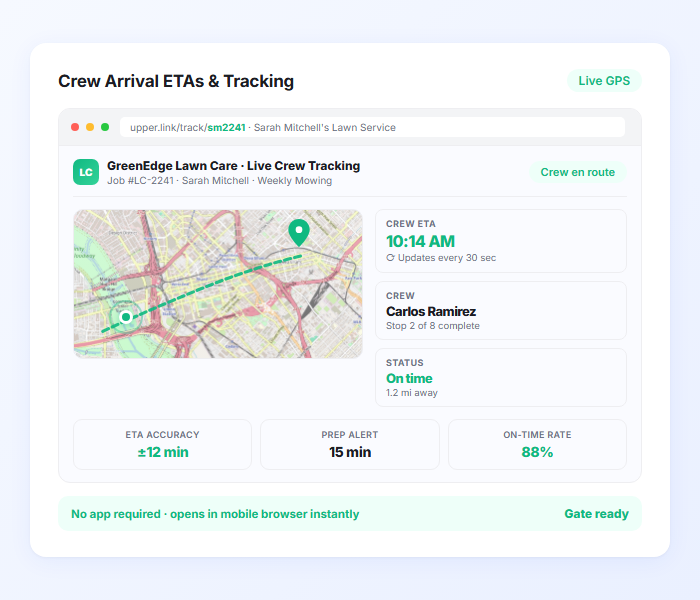 Lawn care crew ETA tracking with GPS location and real time route updates for customers