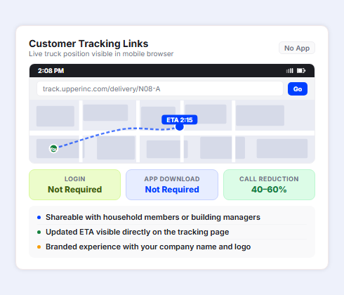 Furniture delivery tracking link showing real time truck location and ETA for customers