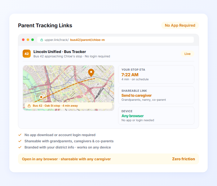 School bus tracking link showing real time bus location ETA and parent mobile access