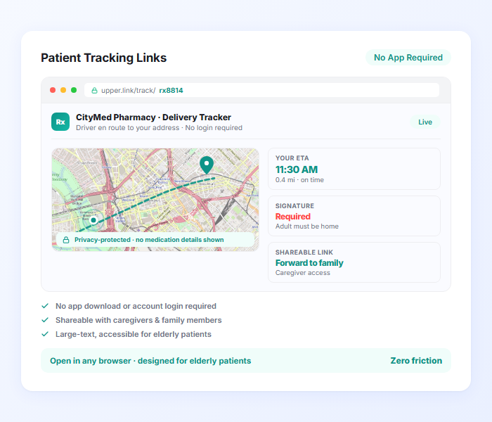 Pharmacy delivery tracking link showing driver location ETA with privacy protected interface
