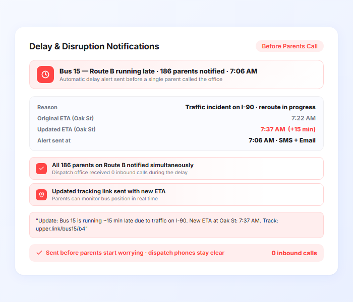 School bus delay notification with updated ETA and reason sent to parents in real time