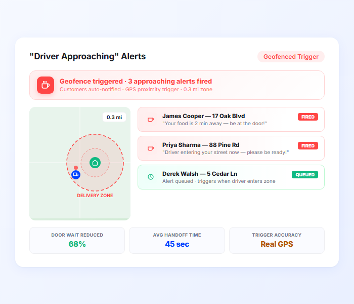 Food delivery driver approaching alert notification triggered by GPS proximity to customer location
