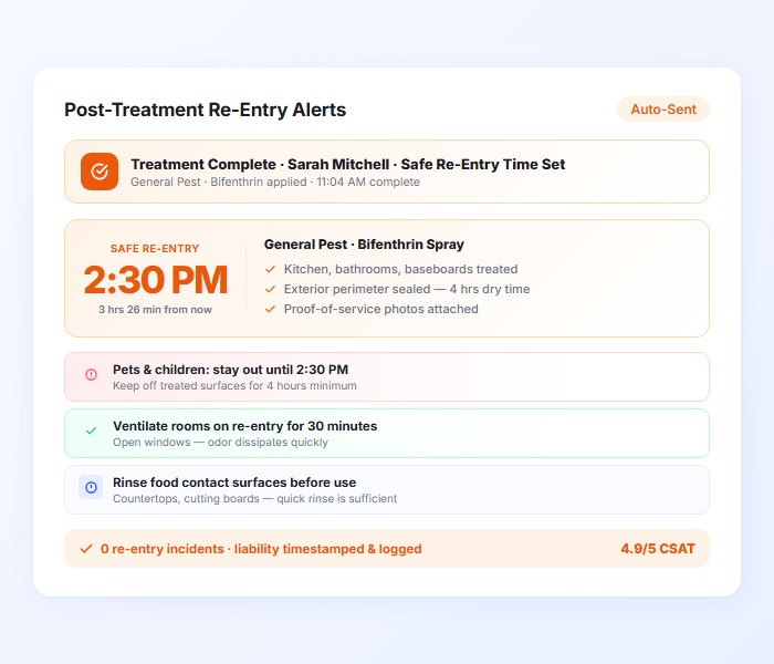 Pest control post treatment notification with re entry time safety instructions and proof of service