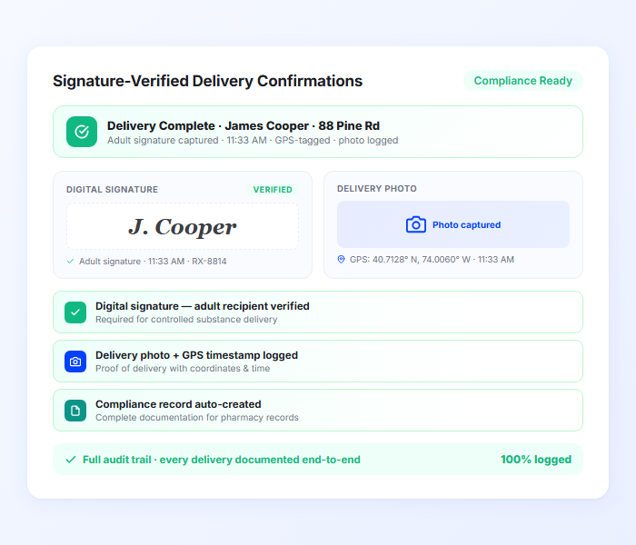 Pharmacy delivery proof of delivery with signature verification photo and GPS timestamp for compliance