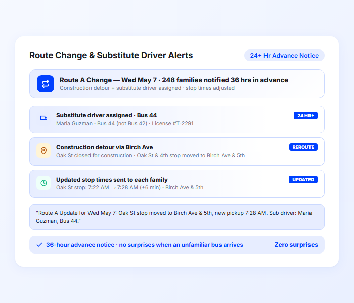 School bus route change notification and substitute driver alert with updated stop times