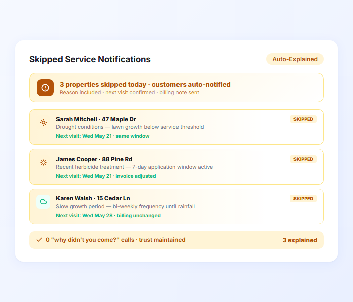 Lawn care skipped service notification with reason and next scheduled visit details