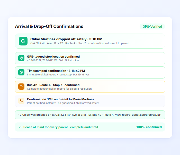 School bus drop off confirmation notification with GPS timestamp and student safety tracking