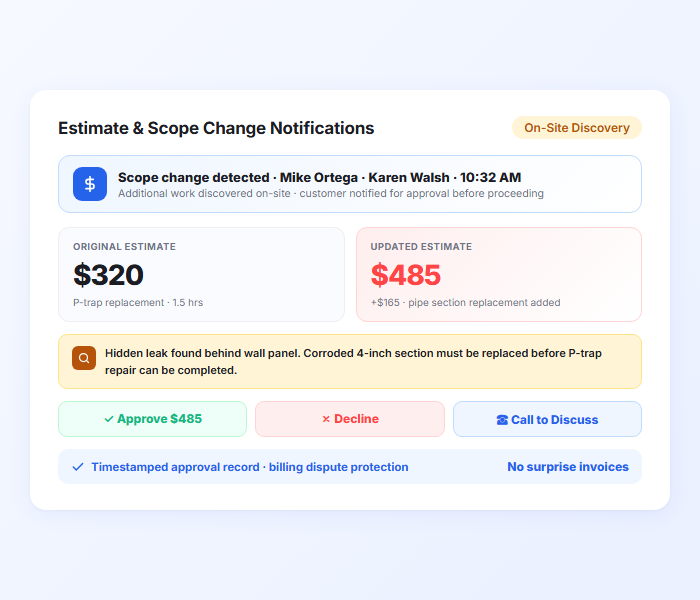 Plumbing estimate and scope change notification with updated pricing and customer approval options