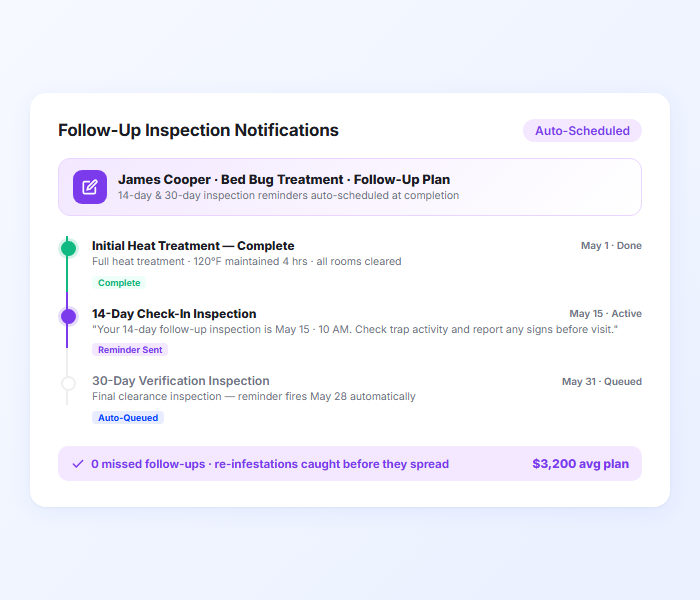 Pest control follow up inspection notification with scheduled date and rescheduling option
