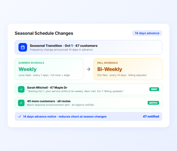 Lawn care seasonal schedule change notification with updated service frequency and billing details