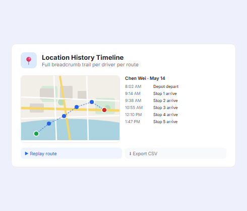 Fleet driver location history timeline with GPS breadcrumb replay and route deviation tracking