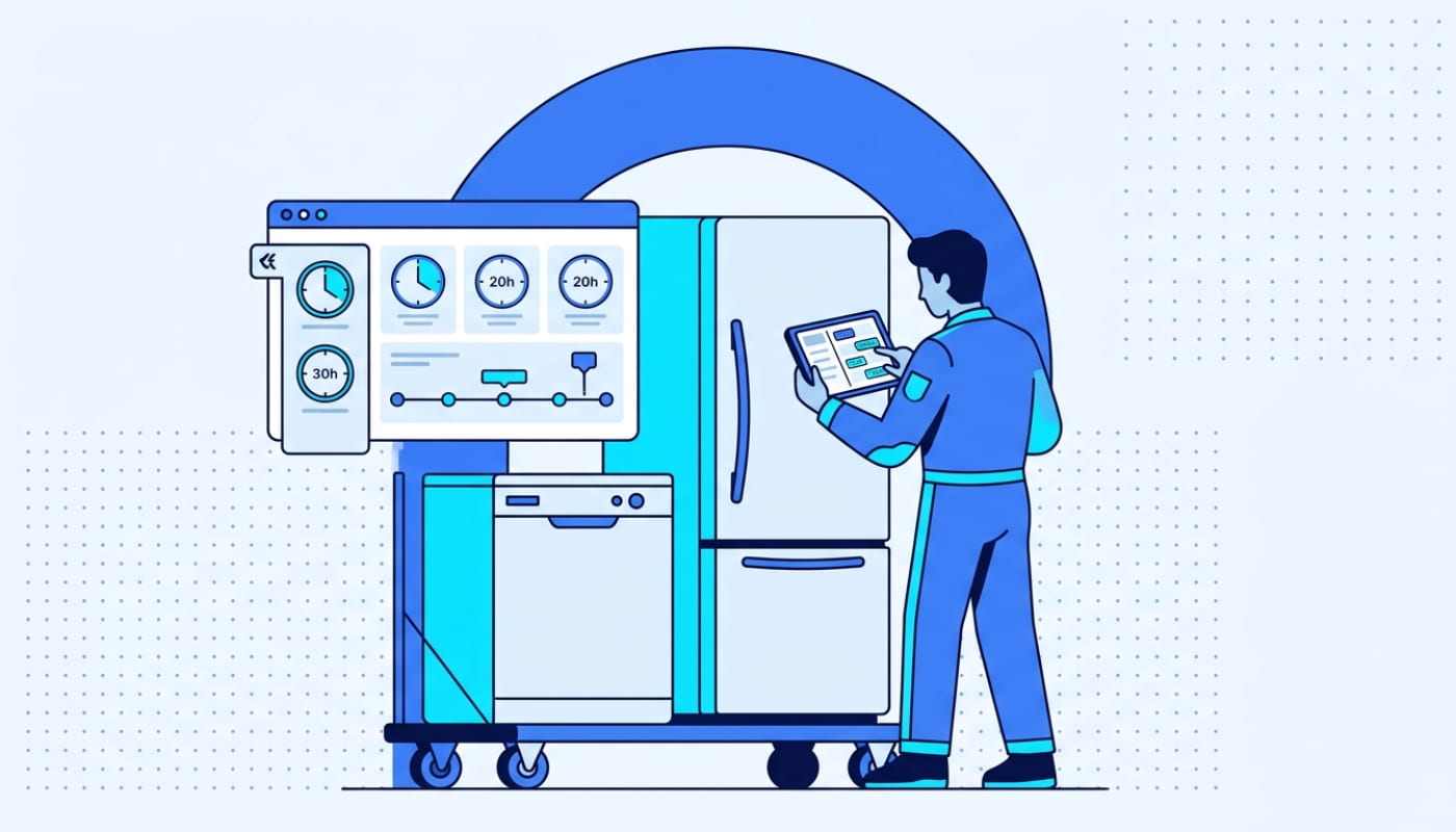 Appliance delivery technician checking route schedule on tablet next to refrigerator and dishwasher