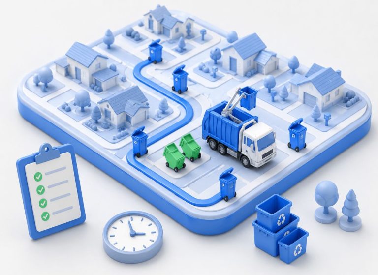 Isometric neighbourhood map with a rear-loader truck lifting a kerbside cart along an optimized waste collection route, with serviced carts marked complete