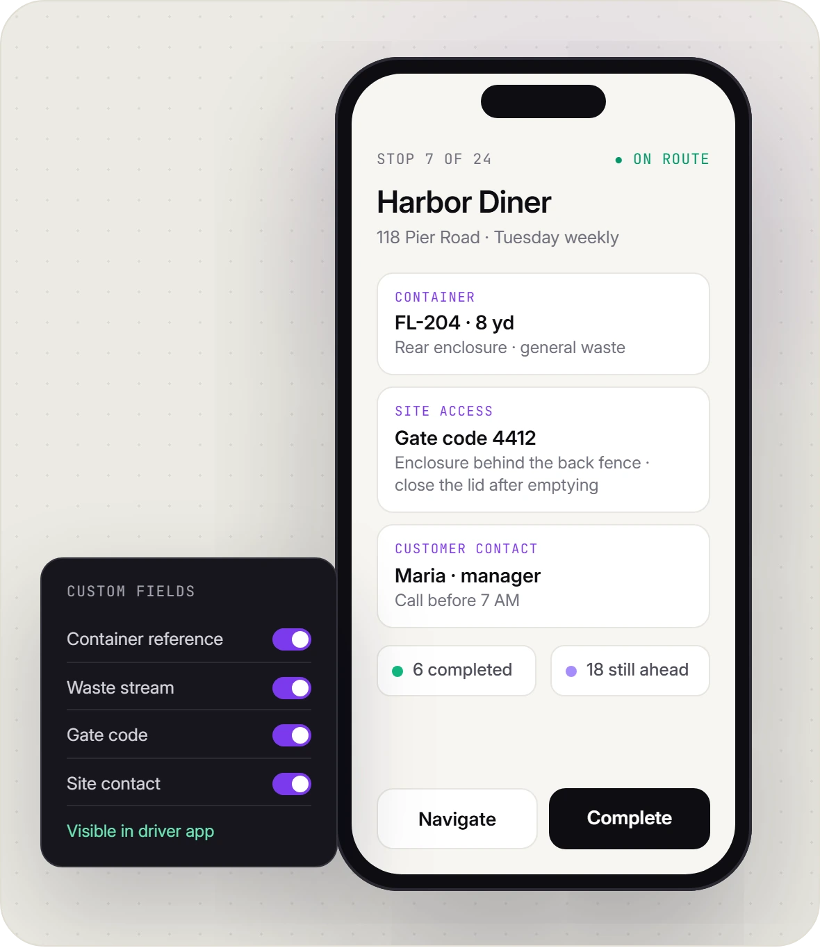 Upper driver app for a waste collection stop: container reference and size, waste stream, gate code and customer contact, with custom fields visible in the driver app