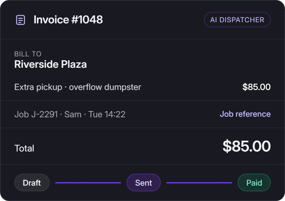 Invoice created in Upper AI Dispatcher from the completed extra pickup at Riverside Plaza, with the job reference, a photo and payment status from draft to sent to paid