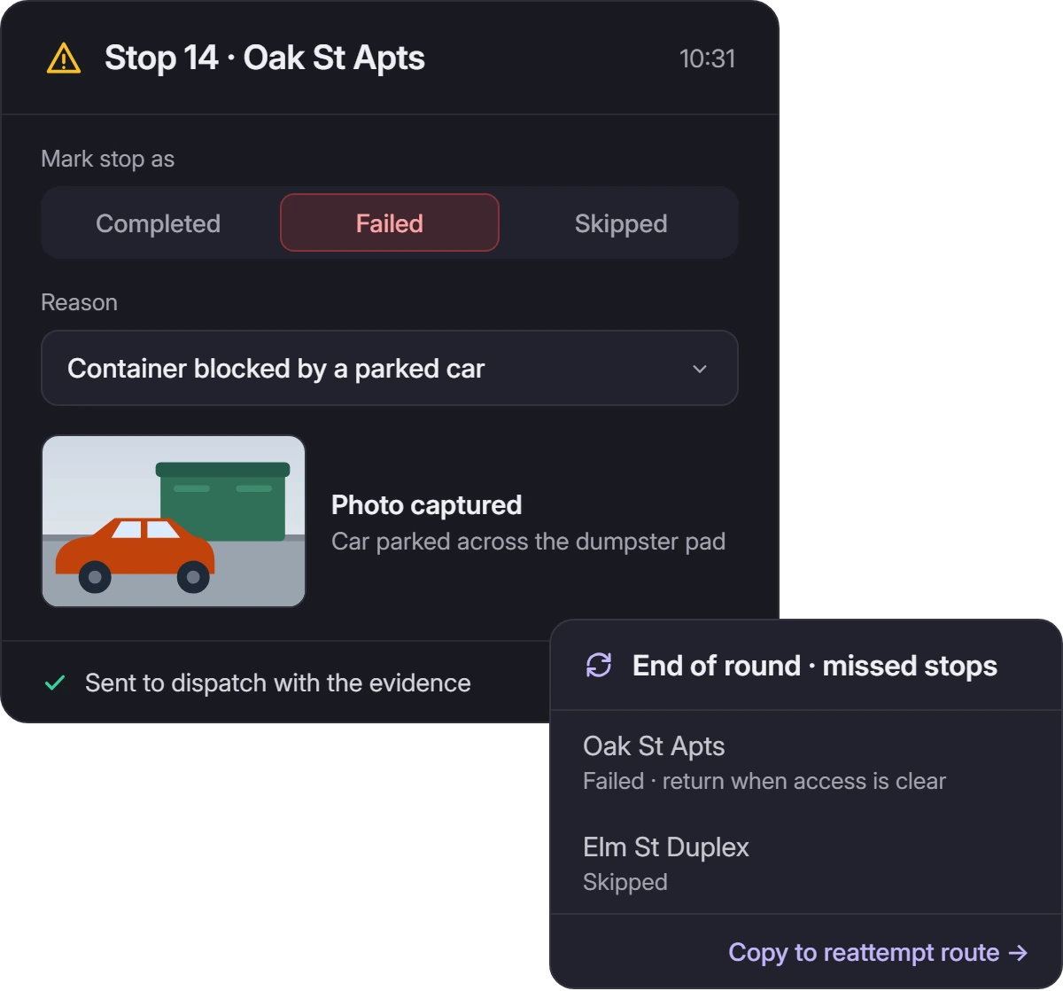 Driver marks Oak St Apts as failed in the Upper app with the reason container blocked by a parked car and a photo, sent to dispatch; at the end of the round the failed and skipped stops are copied into a reattempt route